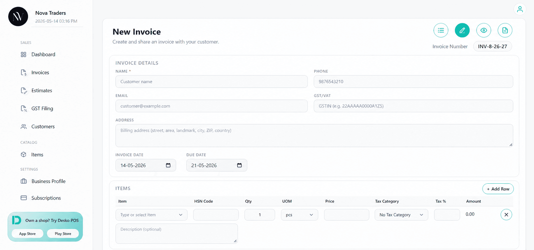 Create invoice page