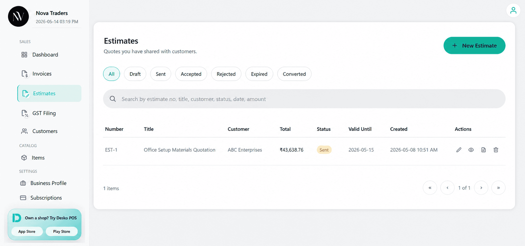 Estimate list page