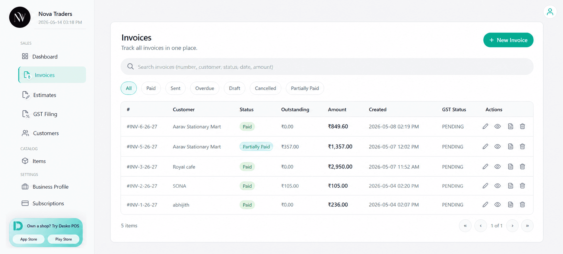 Invoice list page
