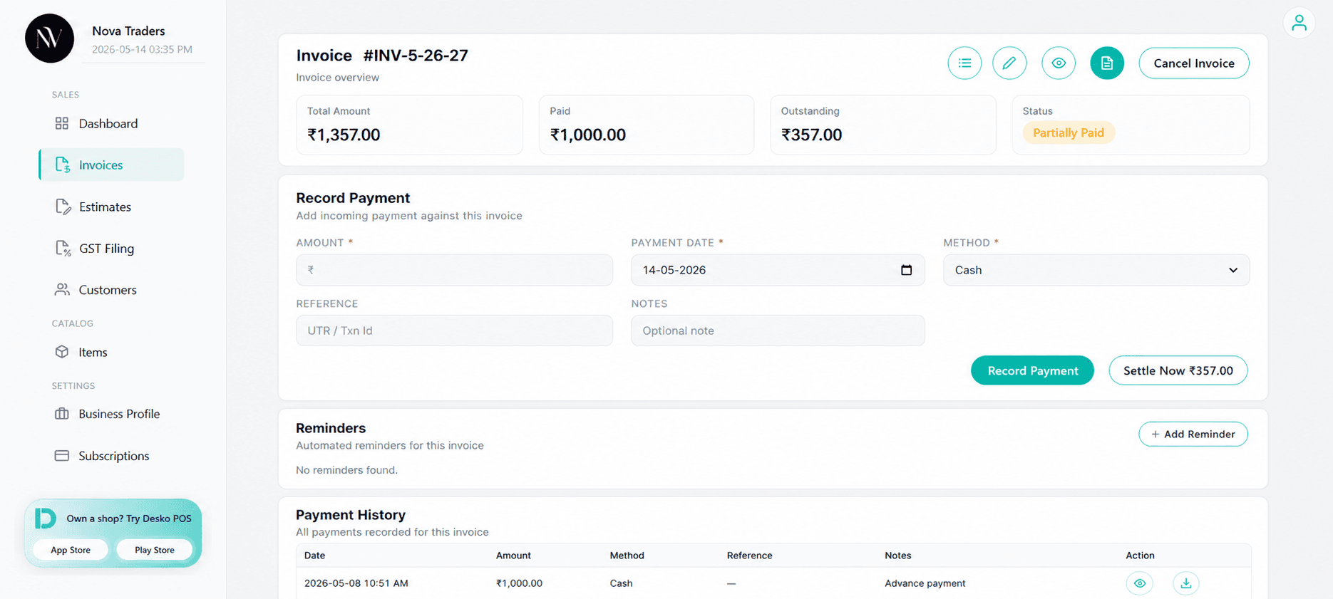 Invoice overview page