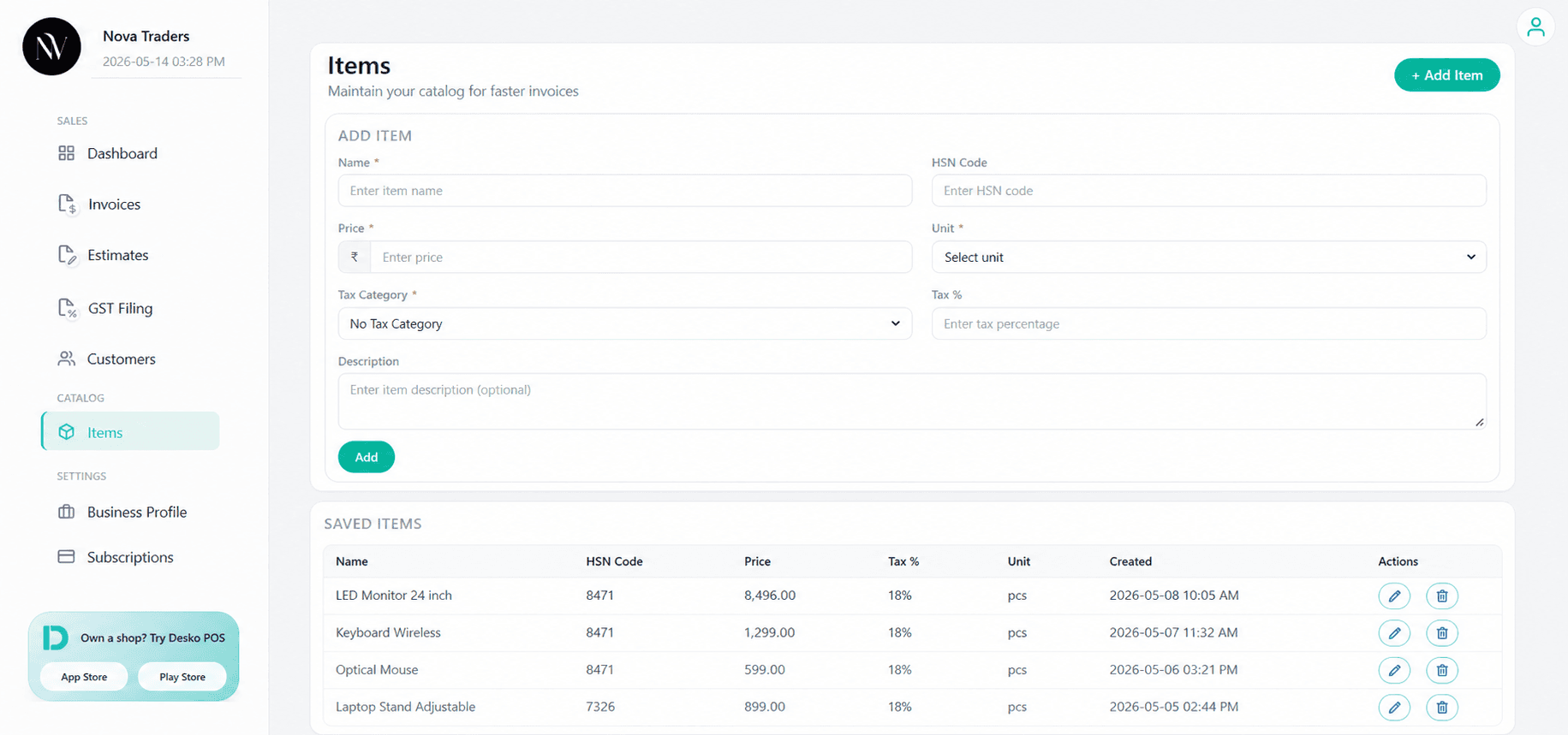 Items page