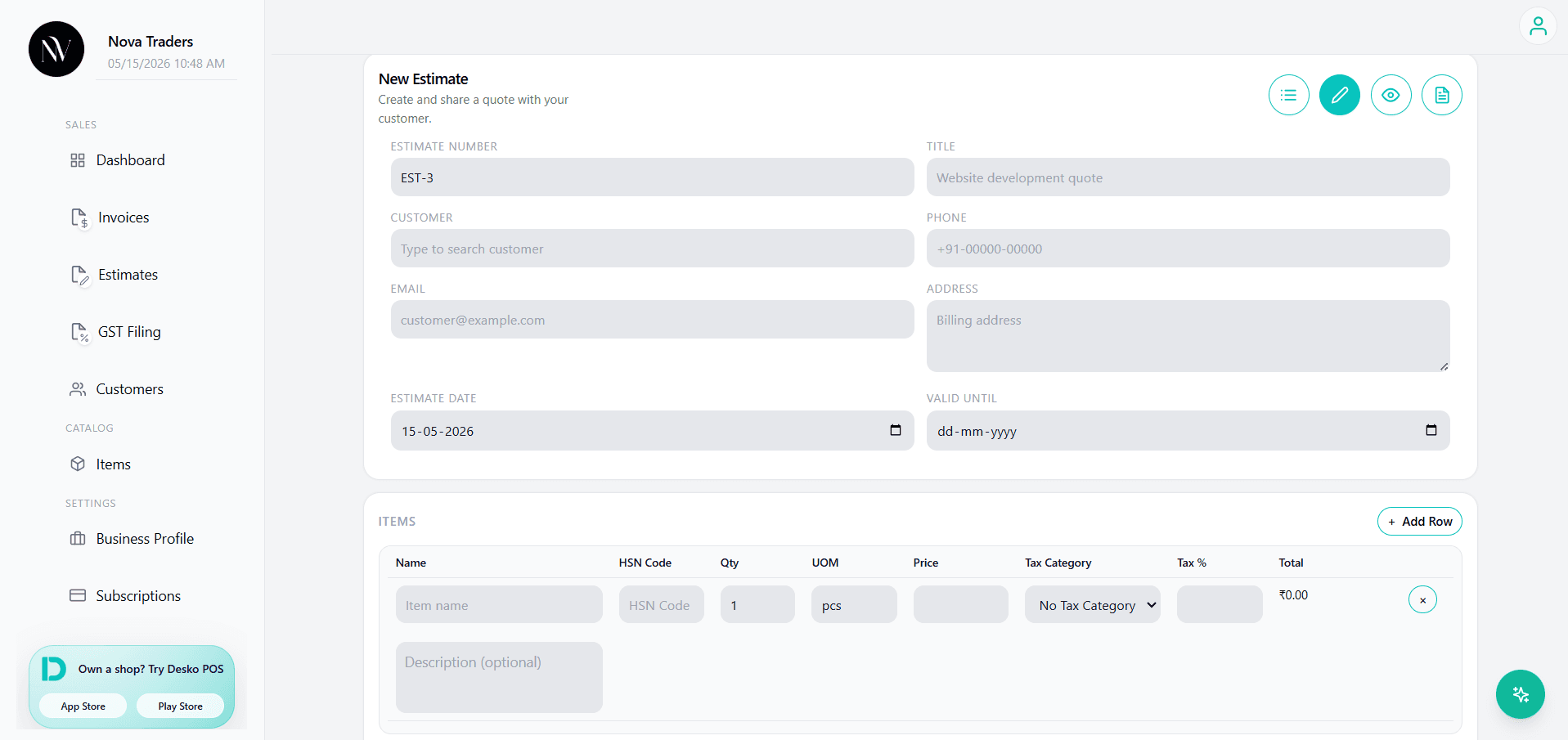 Create estimate page