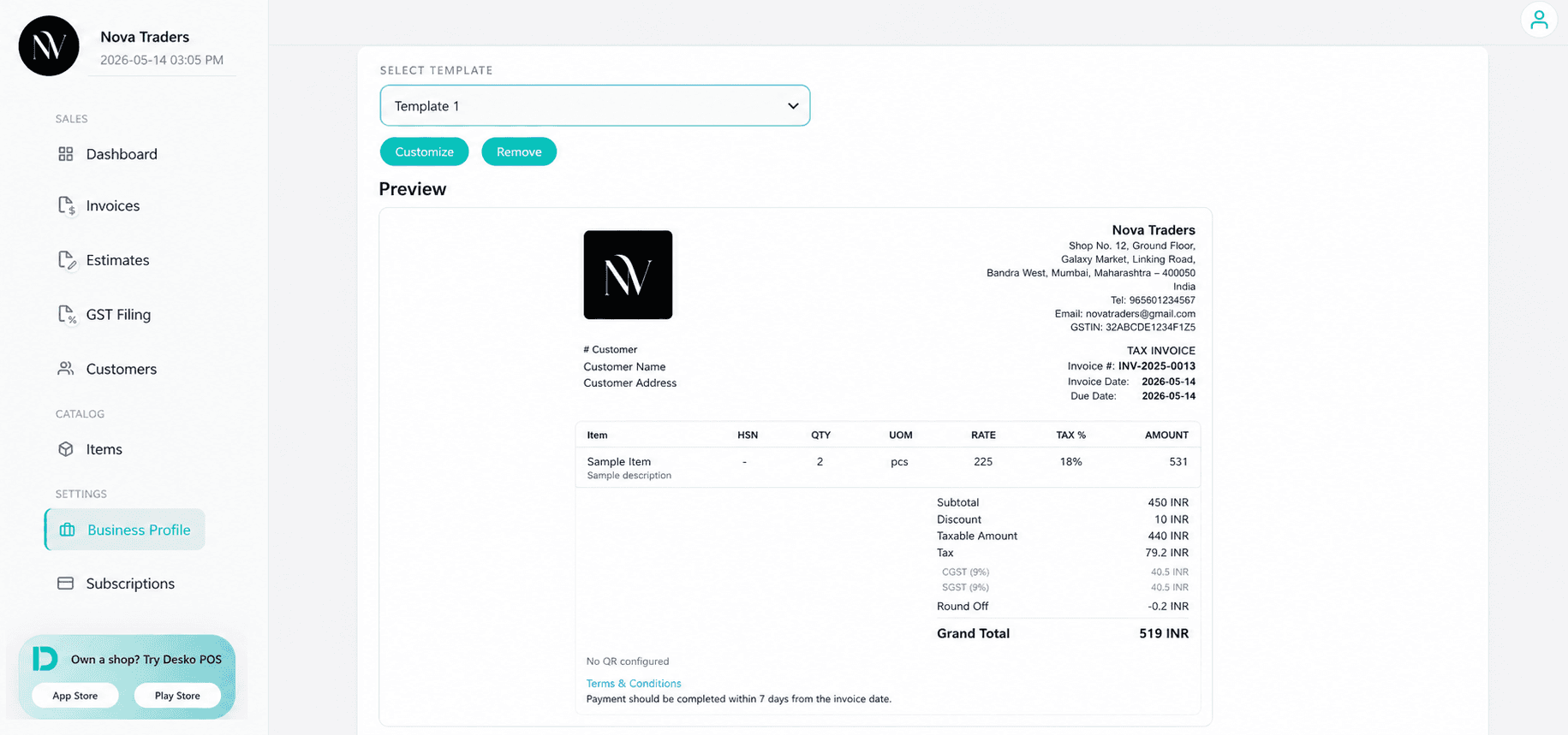 Template selection and preview
