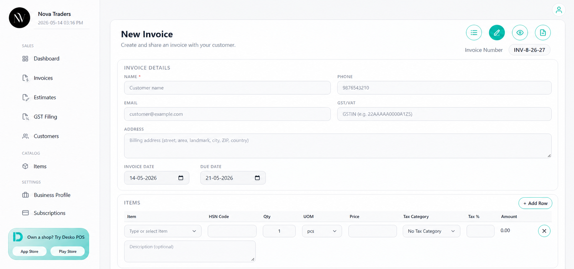 Create invoice page