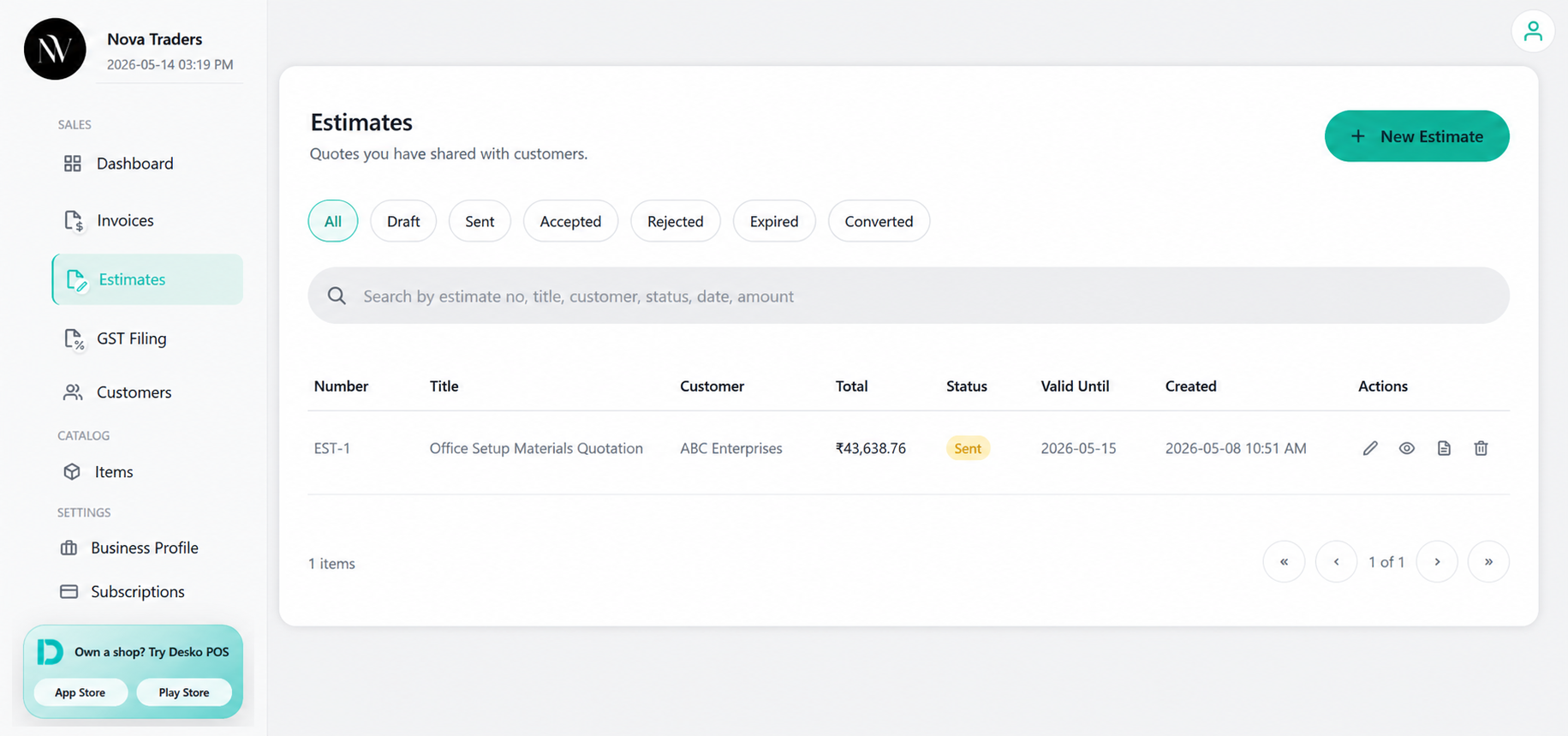 Estimate list page