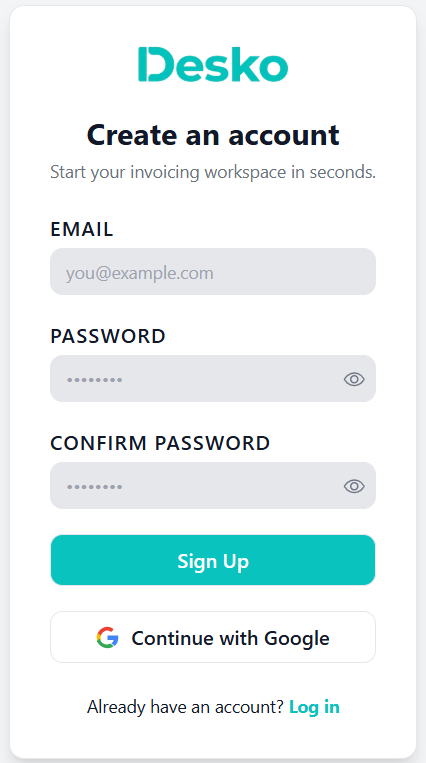 Desko Invoice sign up screen